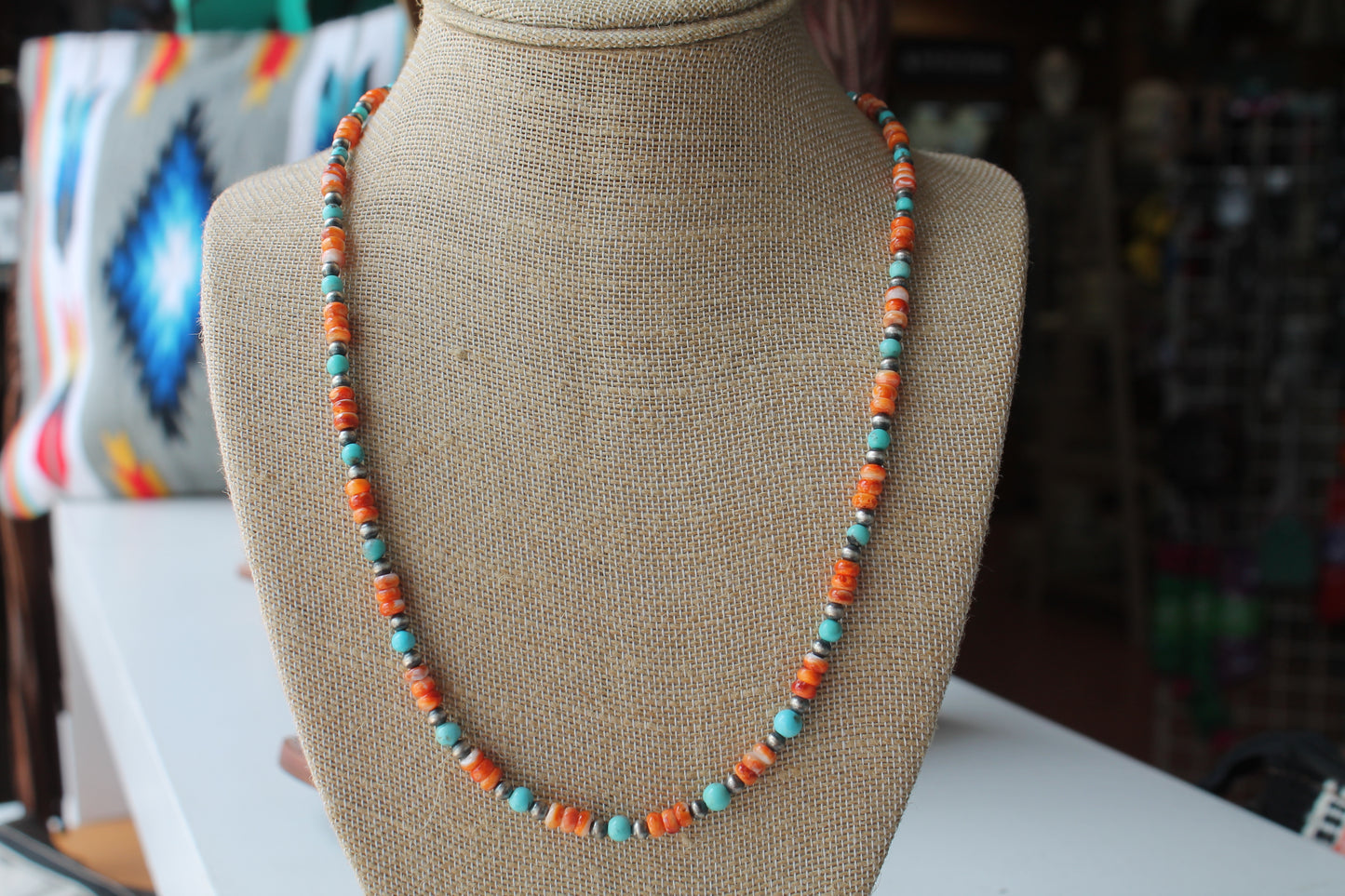 Spiny Orange Turquoise & Navajo Pearls 2mm Necklace