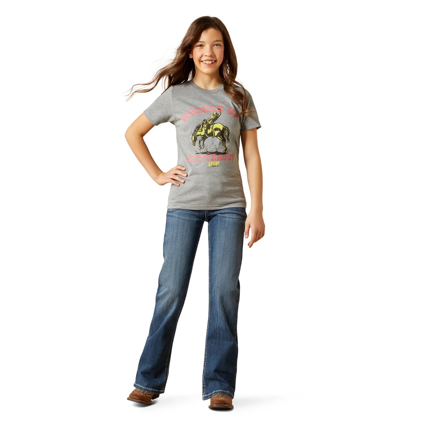 Ariat Youth Girl's Buck Up Ice Berg Grey T-Shirt 10063753