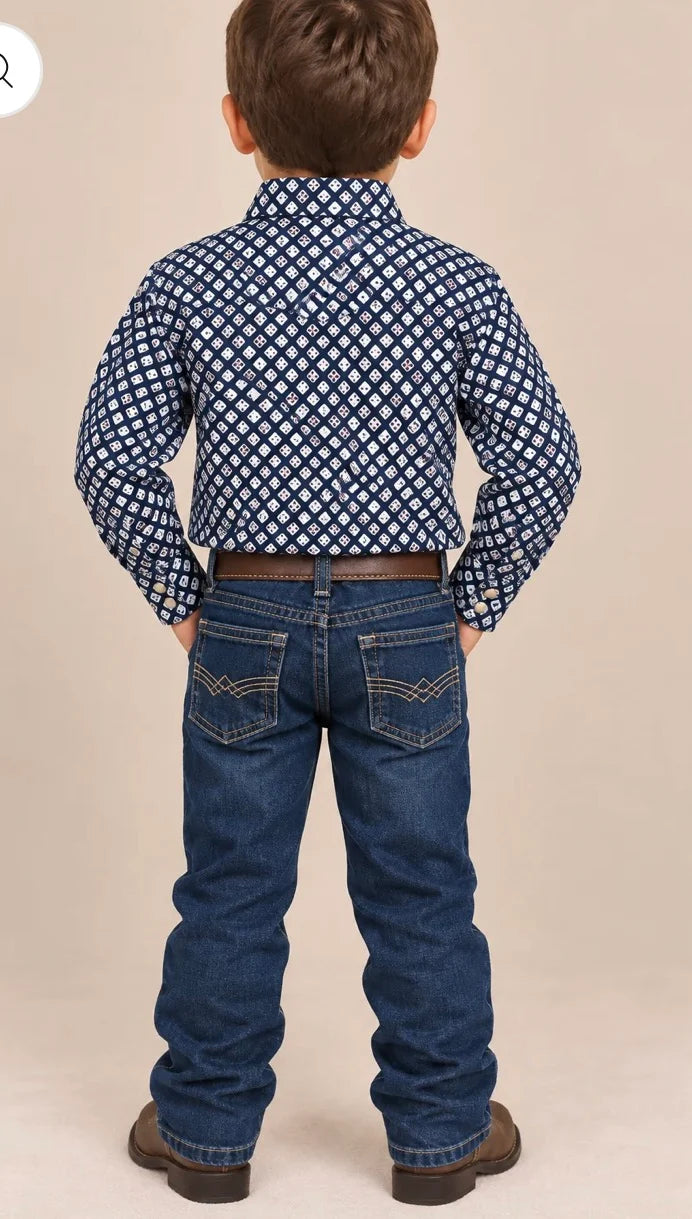 Wrangler Boys' 20X Advanced Comfort Long Sleeve Dice Shirt - Navy/Blue