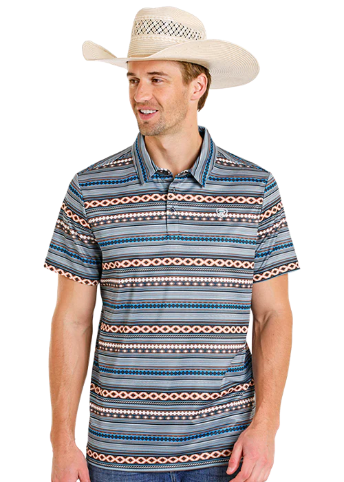 Rock & Roll Denim Teal Aztec Stripe Short Sleeve Polo