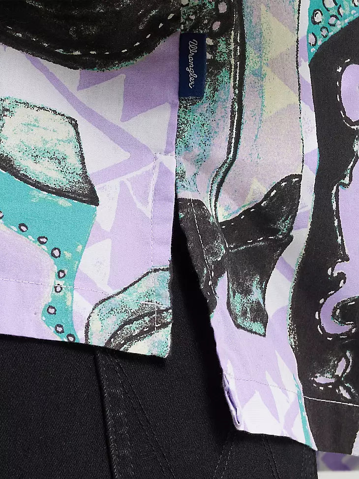 Wrangler Retro Women's Purple Cowgirl Western Print Button Short Sleeve Camp Shirt 112375109