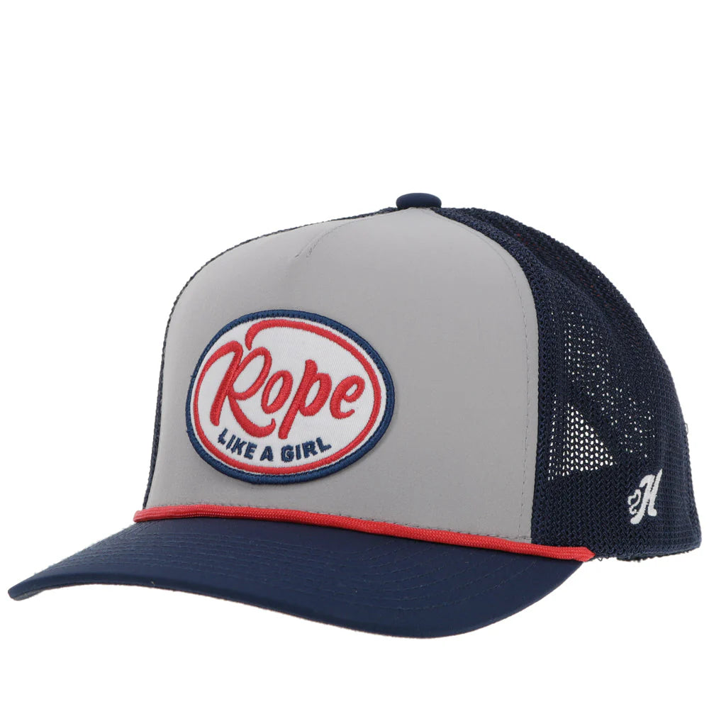 YOUTH "ROPE LIKE A GIRL" HAT GREY/NAVY W/RED/WHITE & BLUE PATCH🧢✅