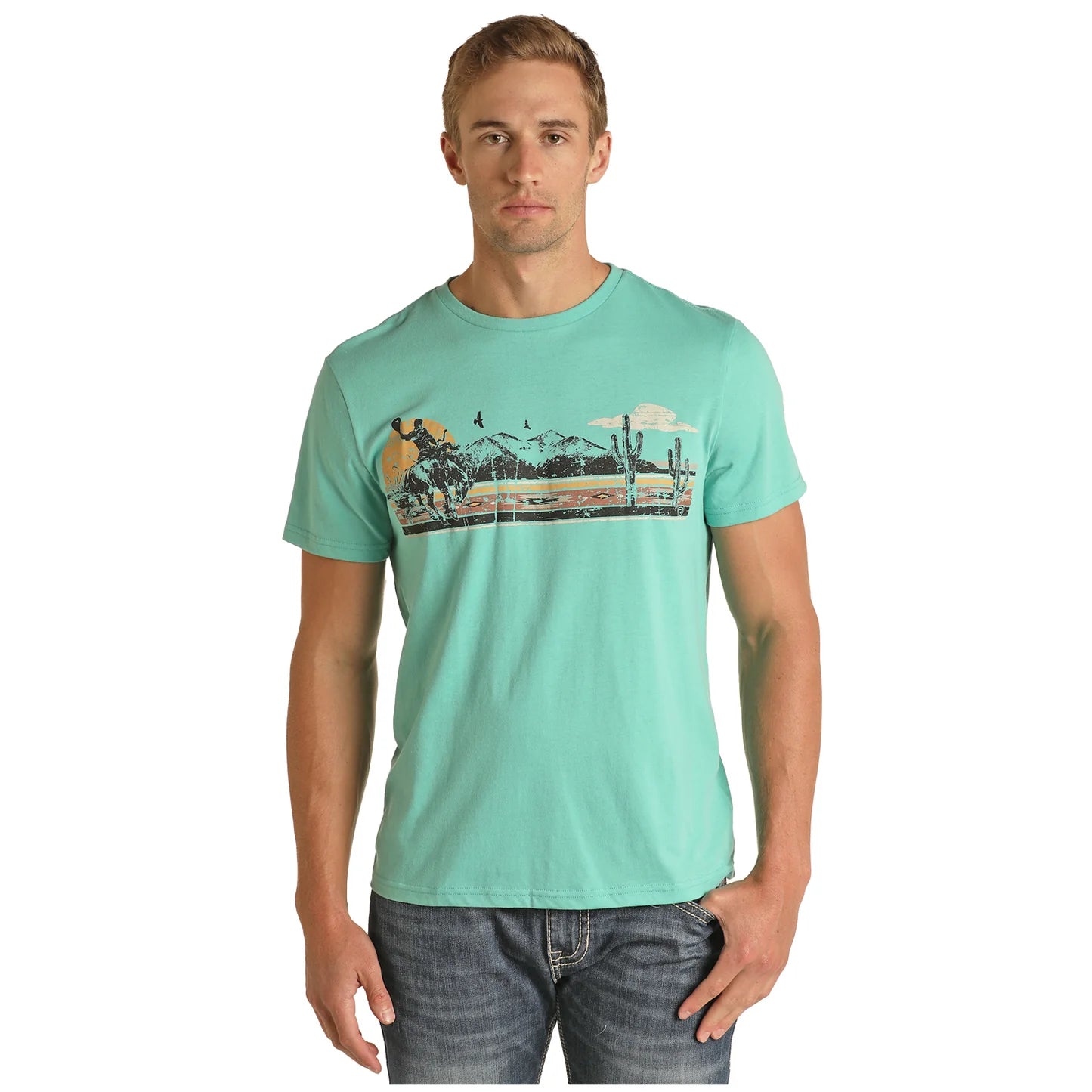 Rock & Roll Denim Men's Cowboy Scene Turquoise Graphic T-Shirt RRUT21R12K-86