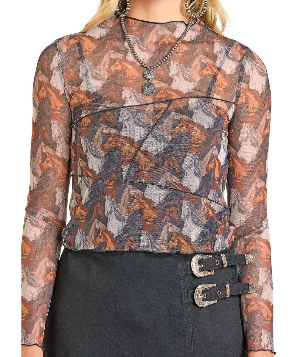 Rock & Roll Horse Print Mesh Top
