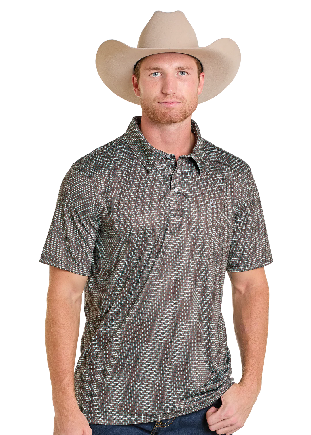 Mens Panhandle Slim S/S Performance Polo W/Pearl Snap Brown Print
