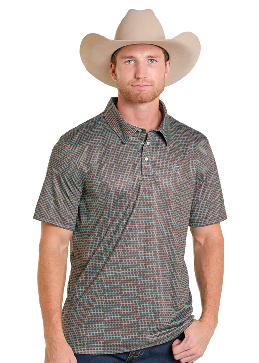 Mens Panhandle Slim S/S Performance Polo W/Pearl Snap Brown Print