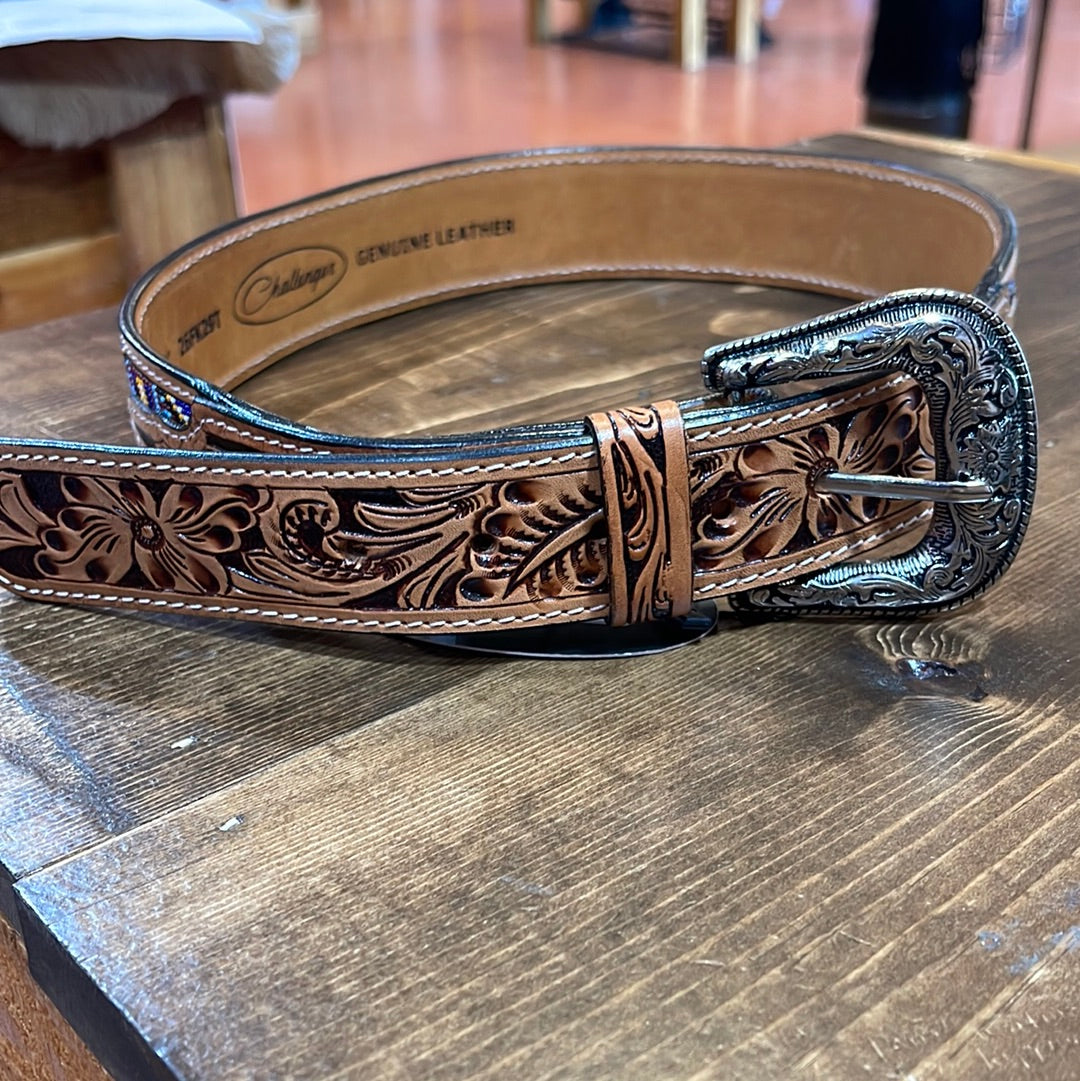 Men's Tapered Floral Tooled Beaded Belt
