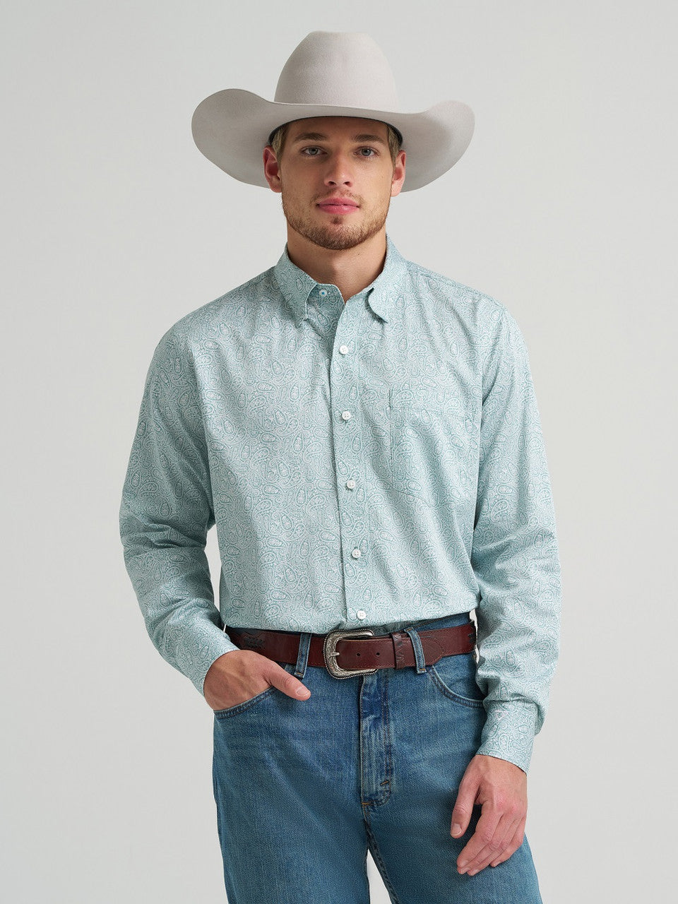 WRANGLER CODY JOHNSON GREEN/WHITE PRINT - MENS SHIRT - 112378970✅