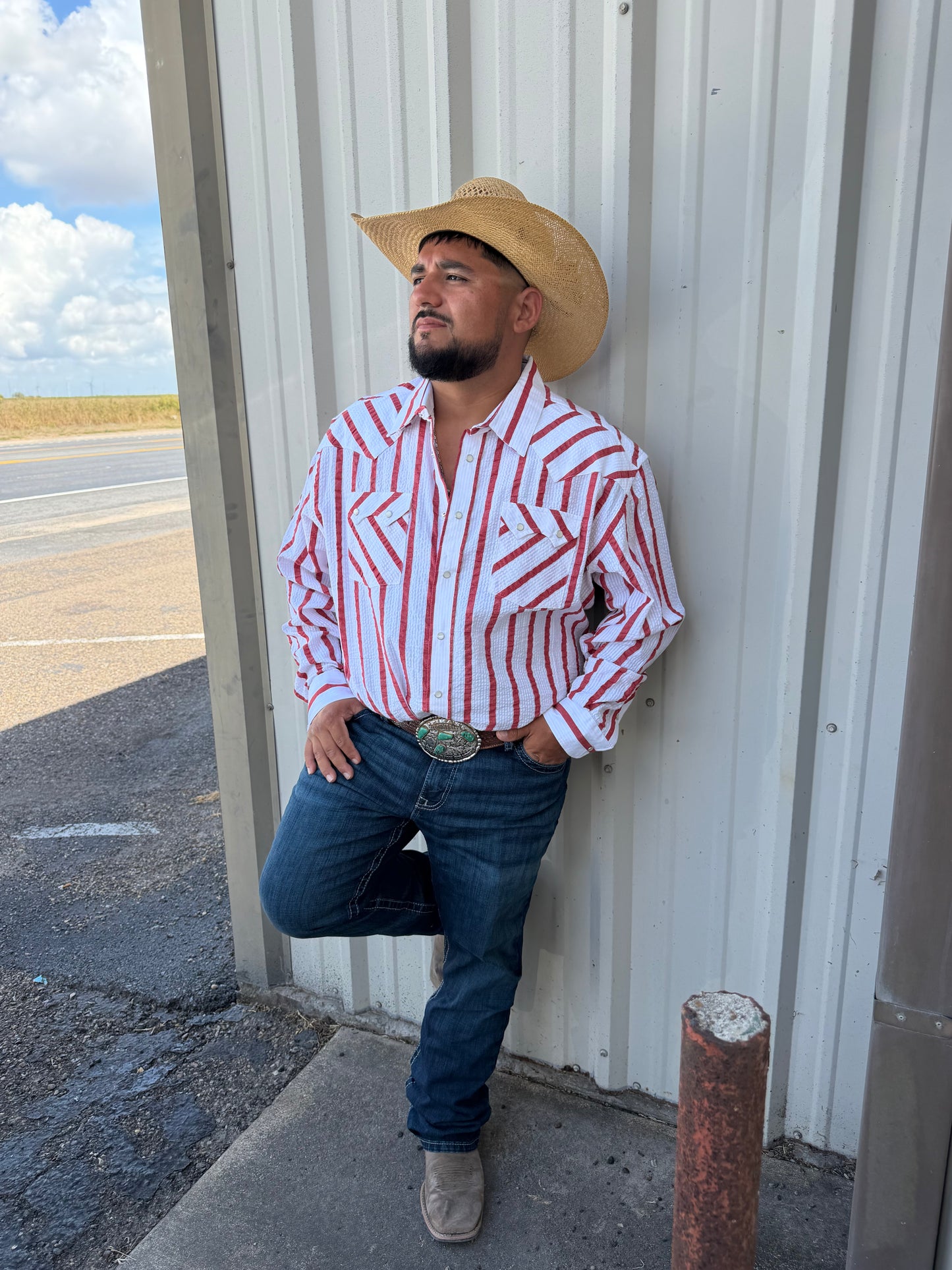 R&R Red stripe long sleeve snap π