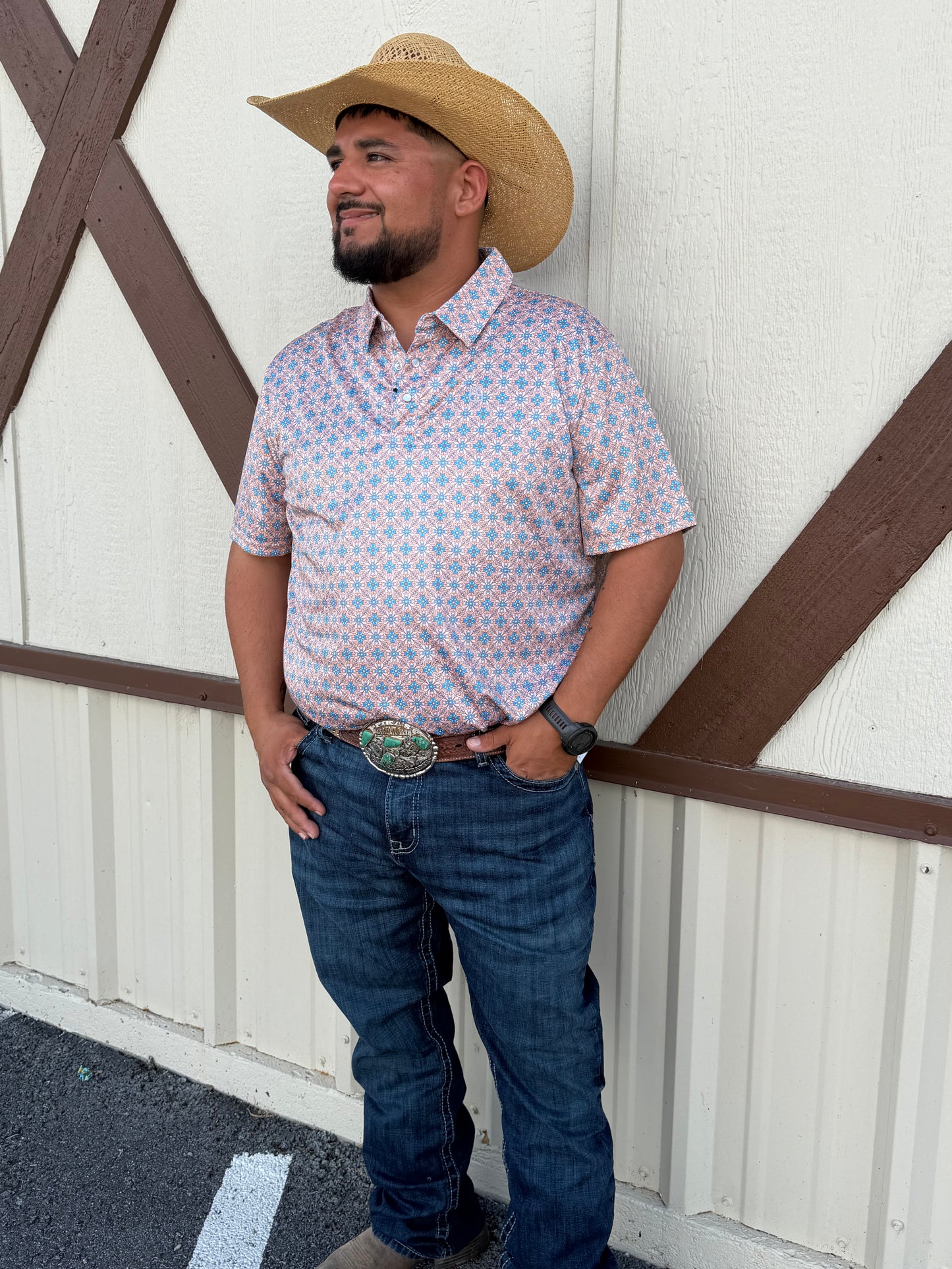 Panhandle Slim Beige and turquoise flower Polo☑️