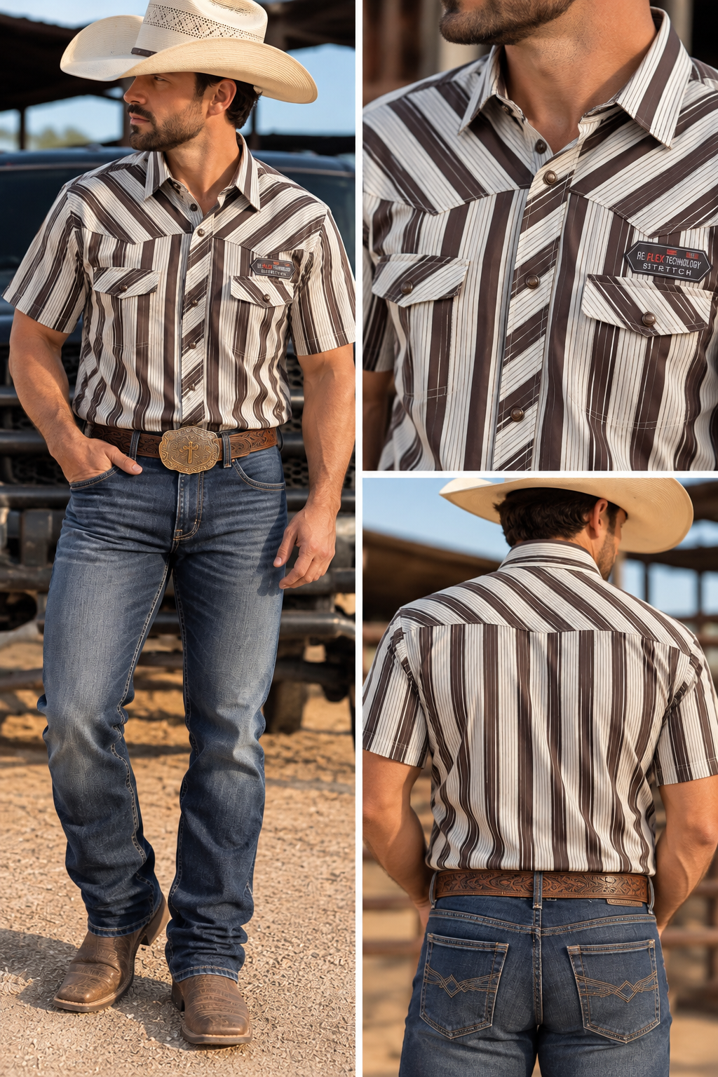 Rock & Roll Beige/Brown Stripe TEK button up short sleeve
