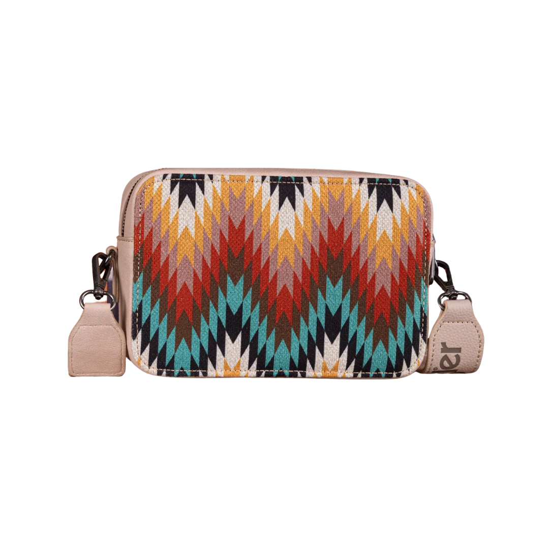 WG2211-3003 Wrangler Southwestern Pattern Dual Sided Print Crossbody Purse With Wallet Compartment - Tan