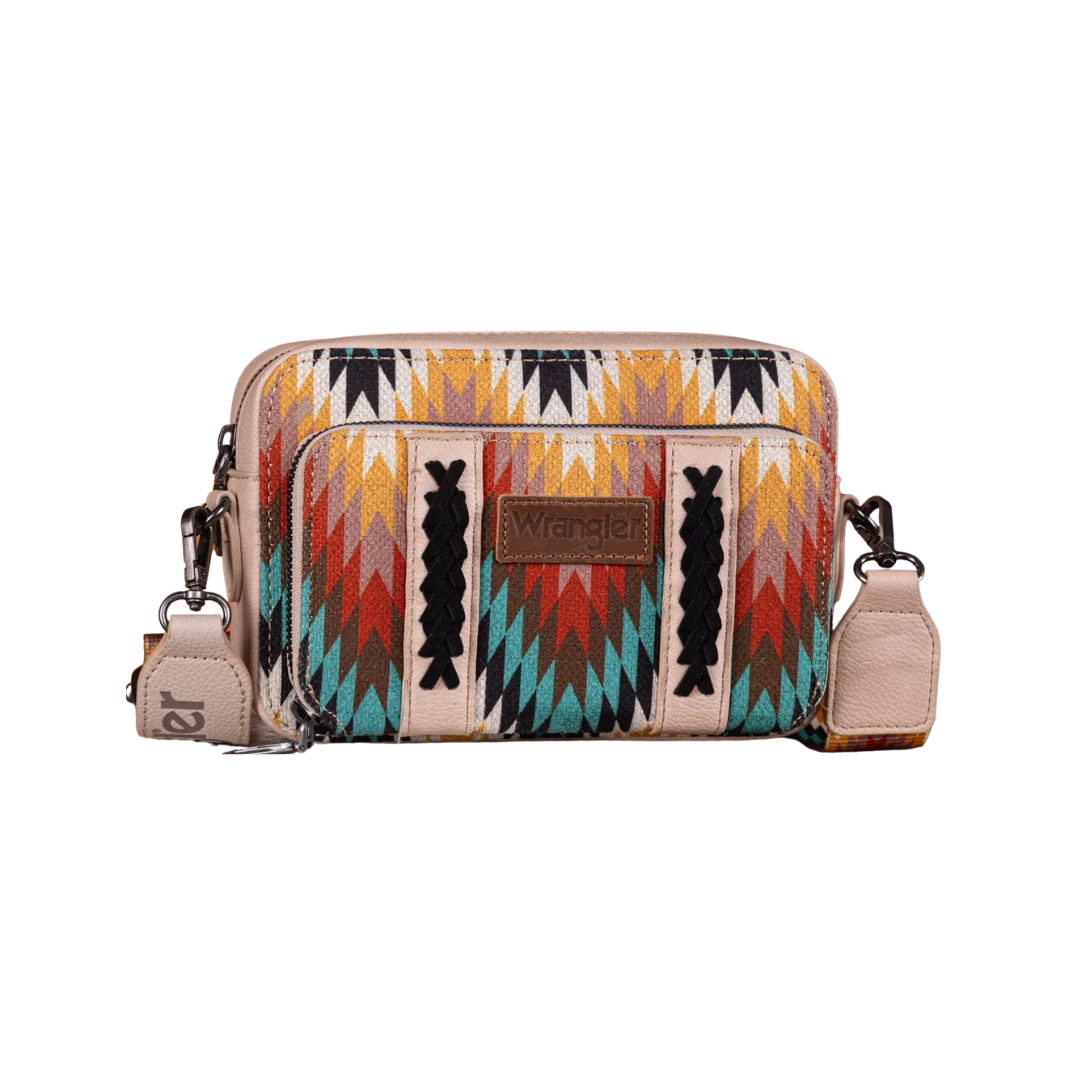 WG2211-3003 Wrangler Southwestern Pattern Dual Sided Print Crossbody Purse With Wallet Compartment - Tan
