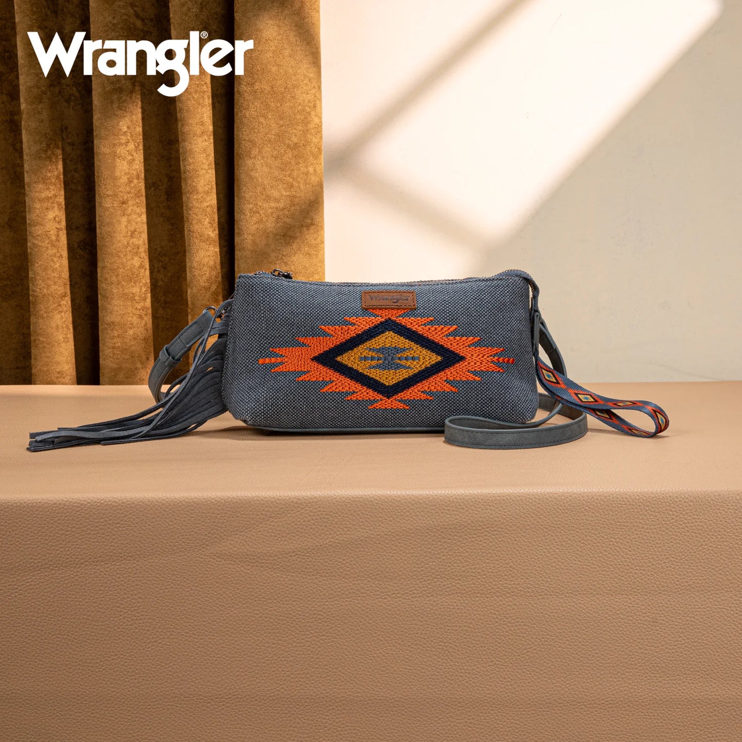 WG259-1834 Wrangler Embroidered Aztec Canvas Wristlet/Crossbody-Jean
