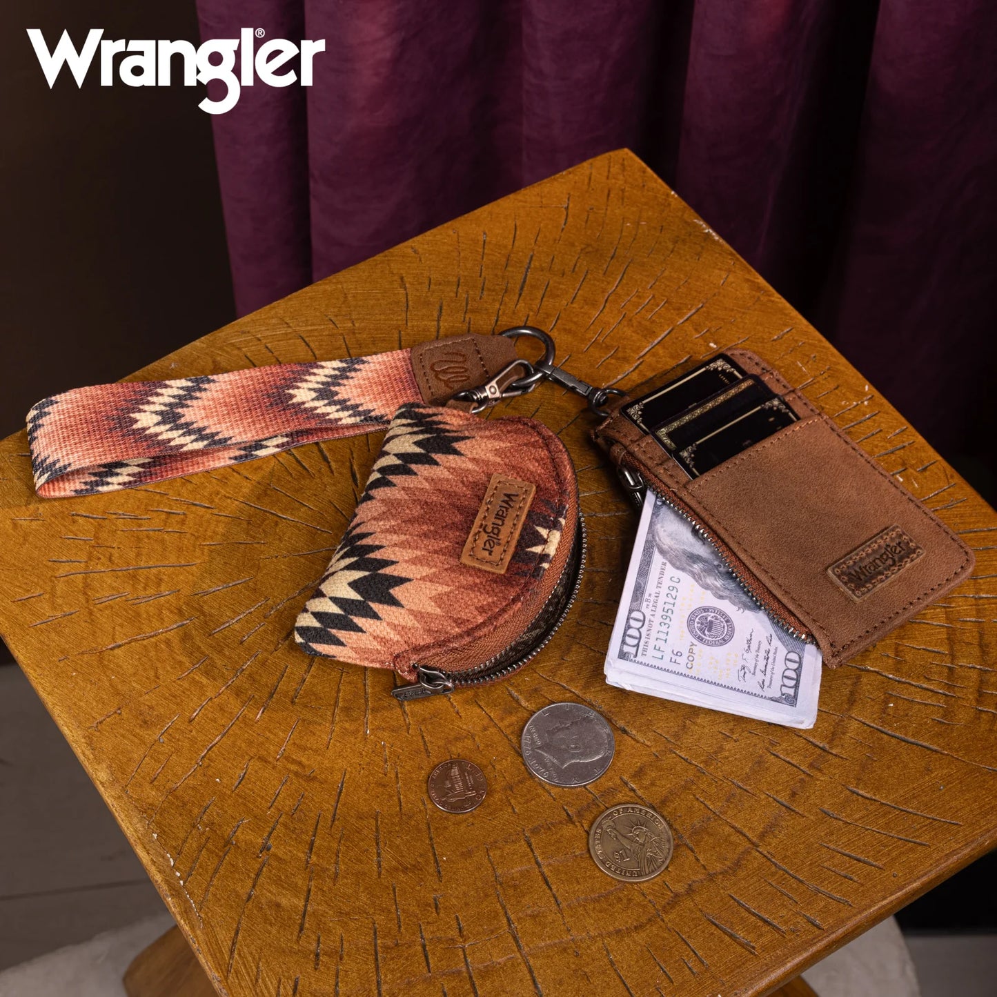 WG2211-W0051 Wrangler Southwestern Art Print Dual Pouch Wristlet -Brown