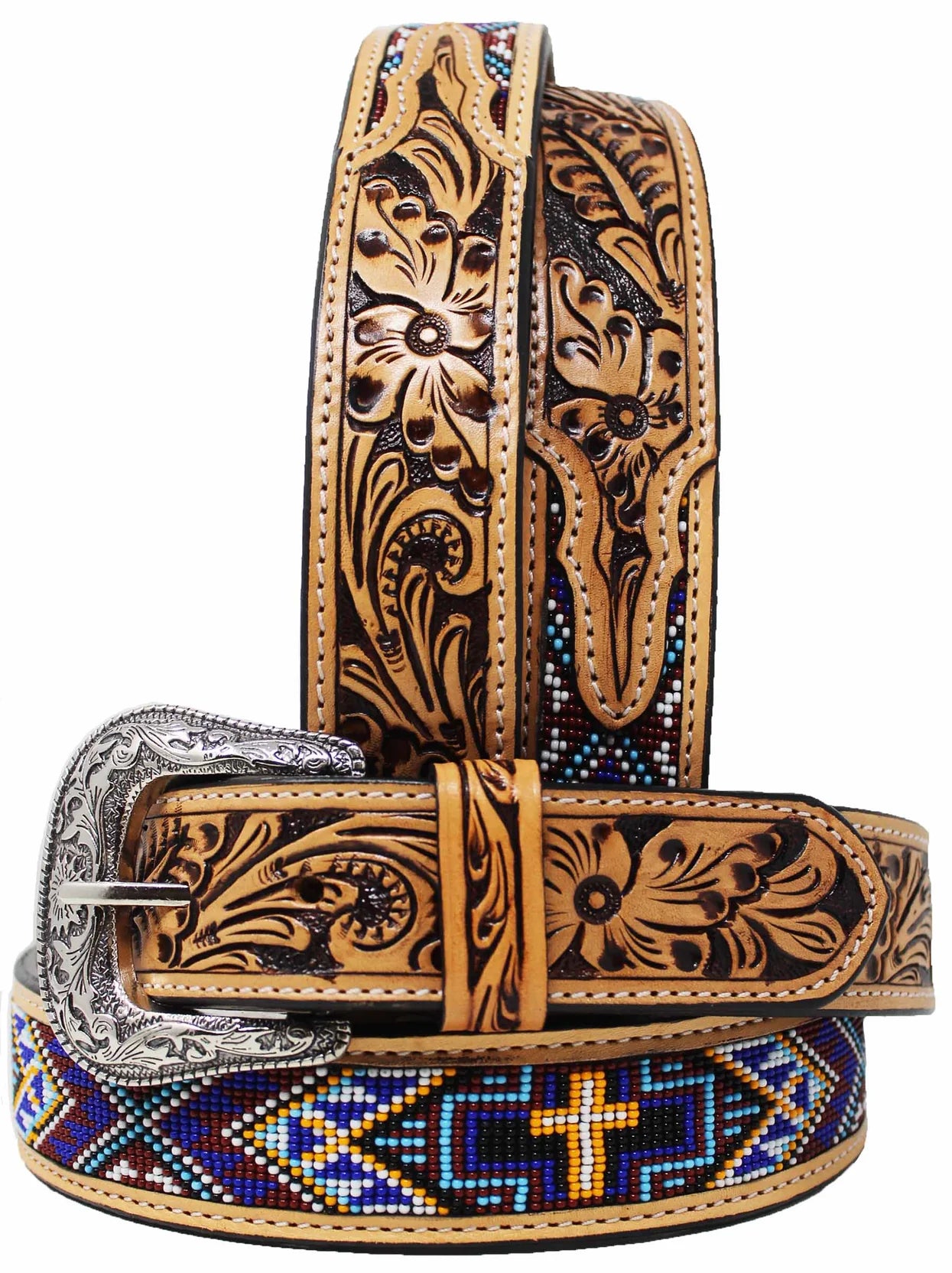Men's Tapered Floral Tooled Beaded Belt
