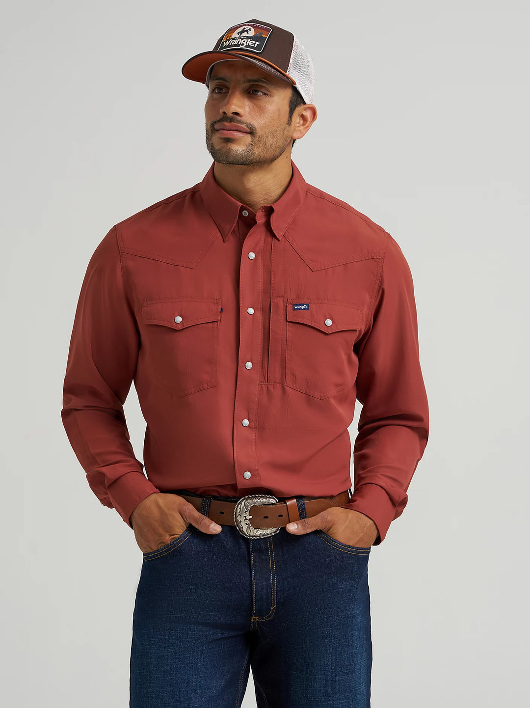 MEN'S WRANGLER PERFORMANCE RUST SNAP LONG SLEEVE SOLID SHIRT