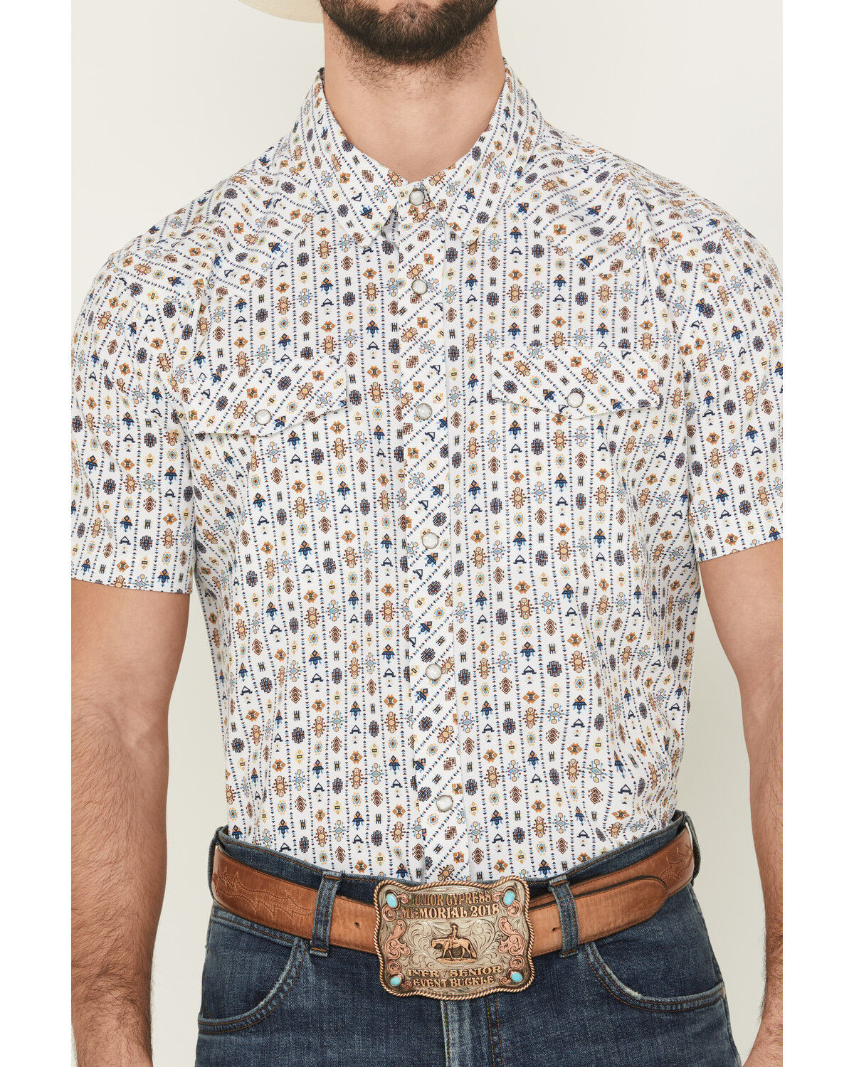 Panhandle Men's White Tribal SS Pearl-Snap