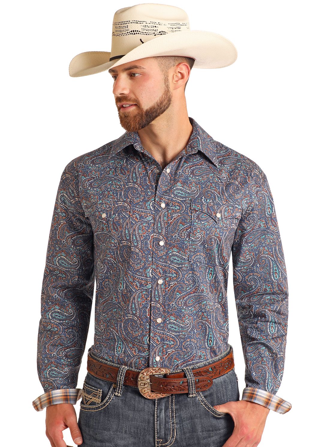 Panhandle Men's Navy Paisley Long-Sleeve Pearl-snap