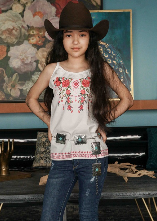 Girl's Ivory Floral Aztec Ruffle Top