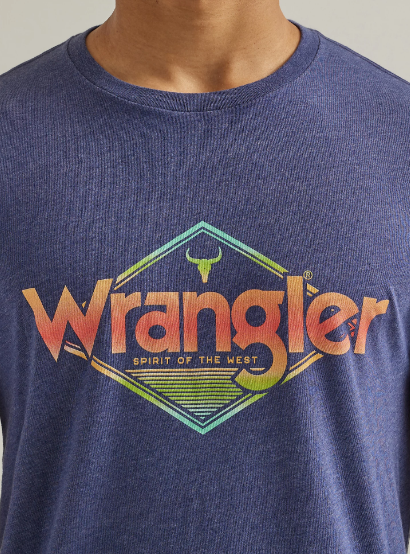 Wrangler Men's Denim Blue & Tangerine Sunrise Logo Graphic Short Sleeve T-Shirt