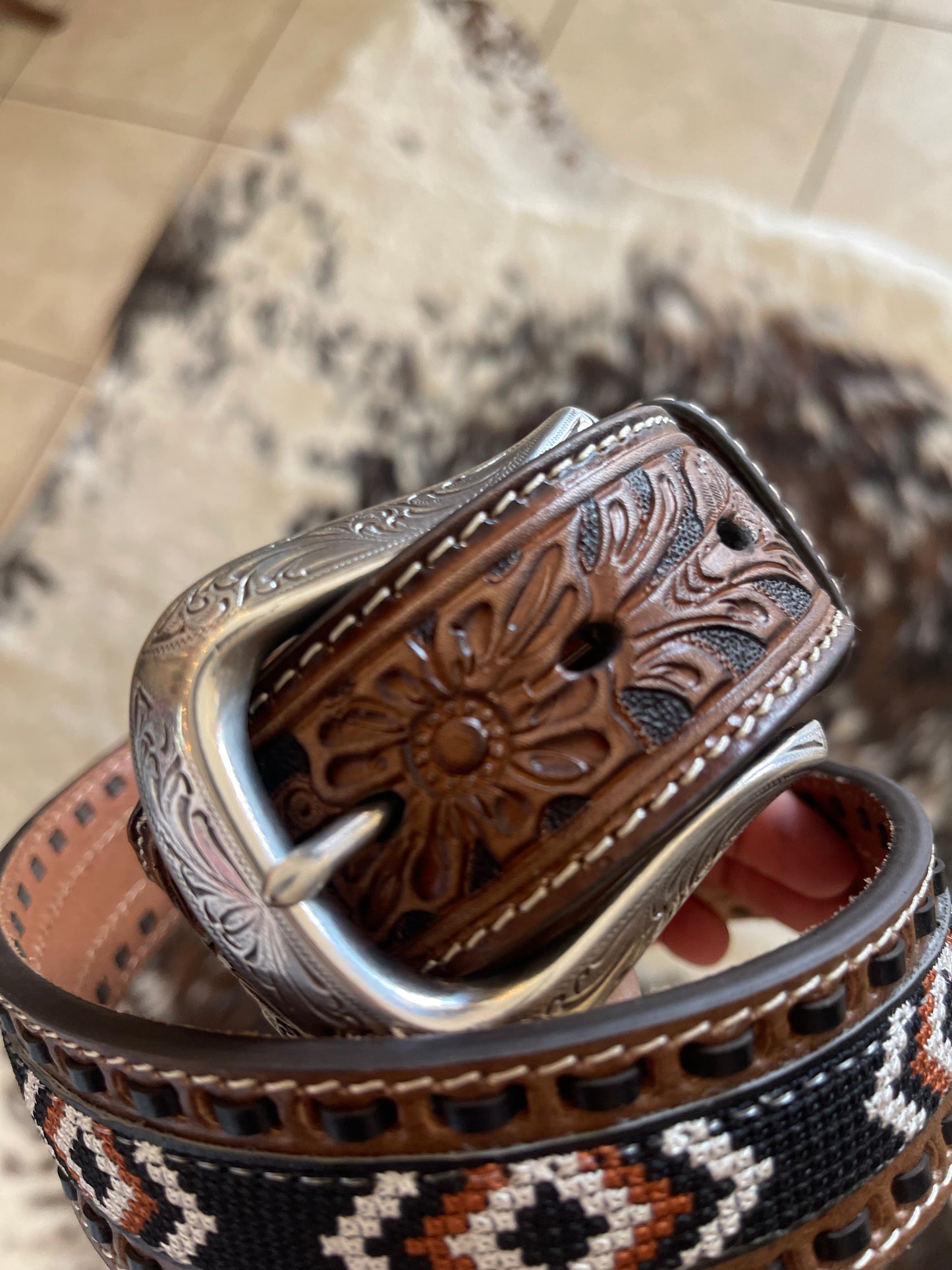 Nocona Men's Black and Brown Embroidered Belt