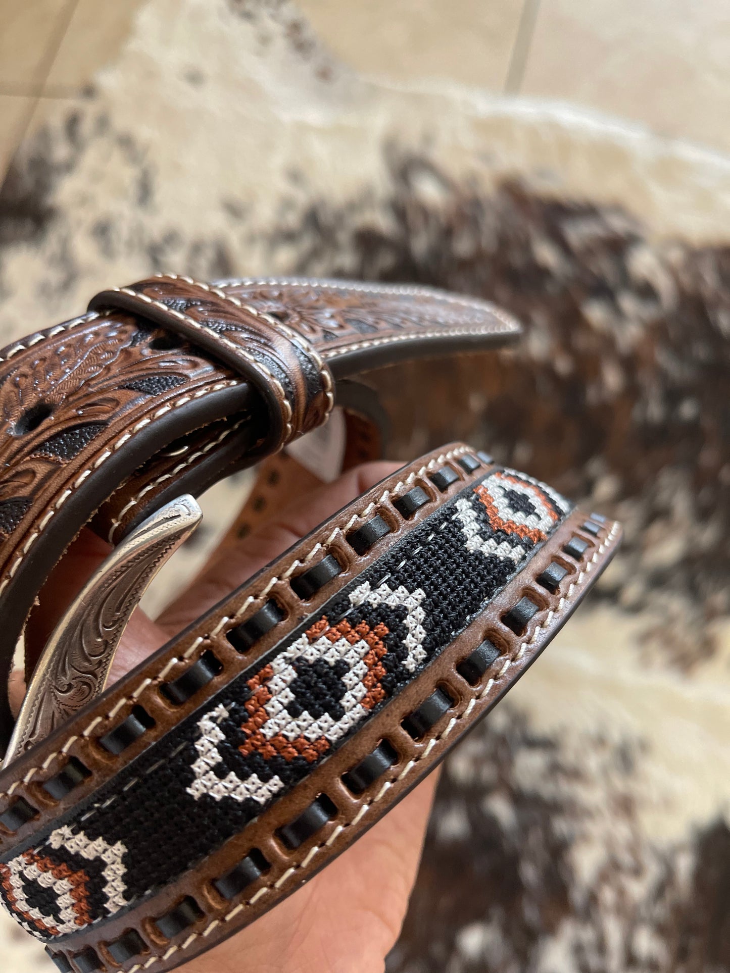 Nocona Men's Black and Brown Embroidered Belt