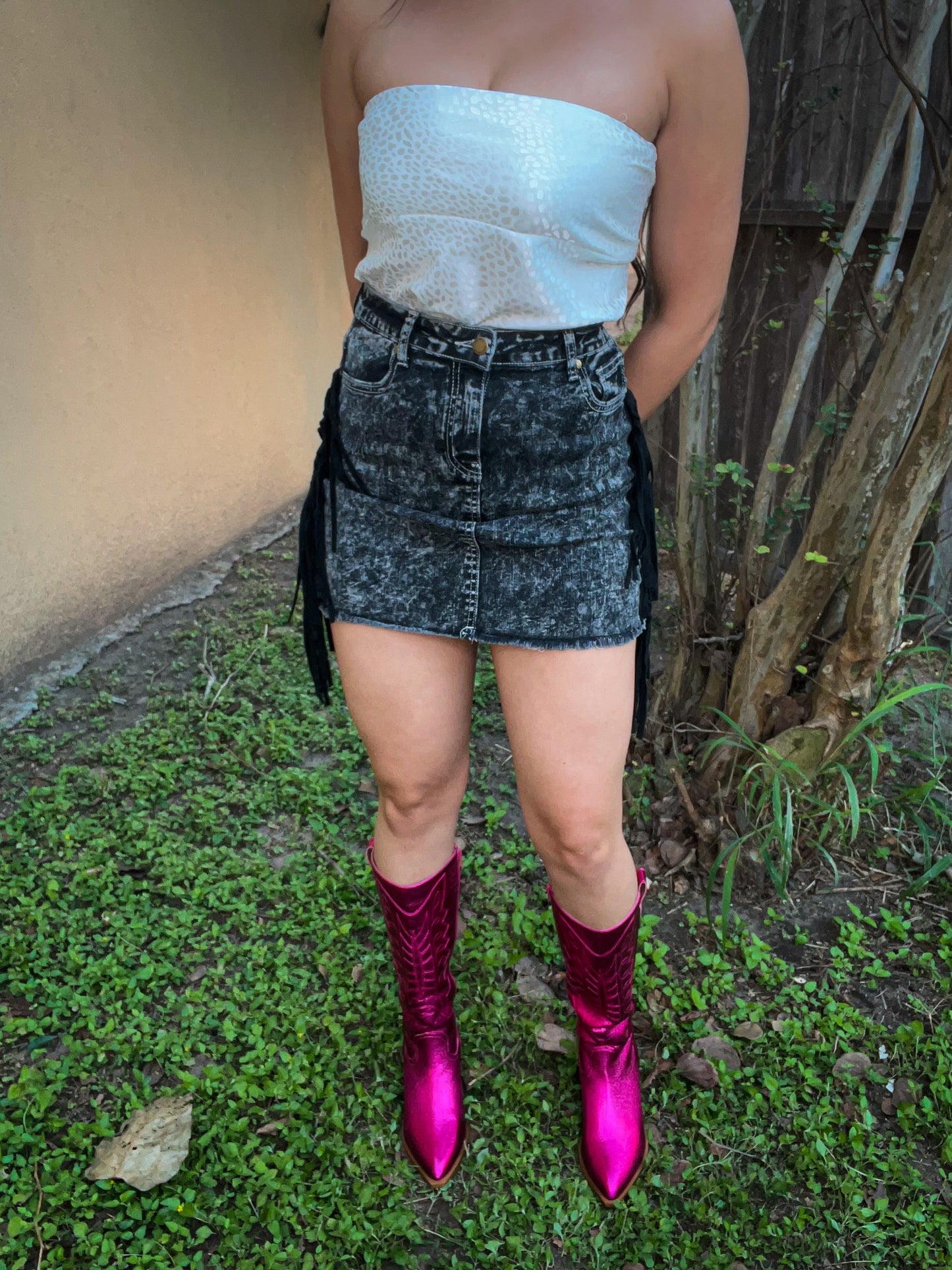 Denim Black Fringe Skirt