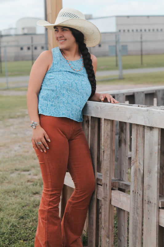 Retro Boot Print Denim Tank