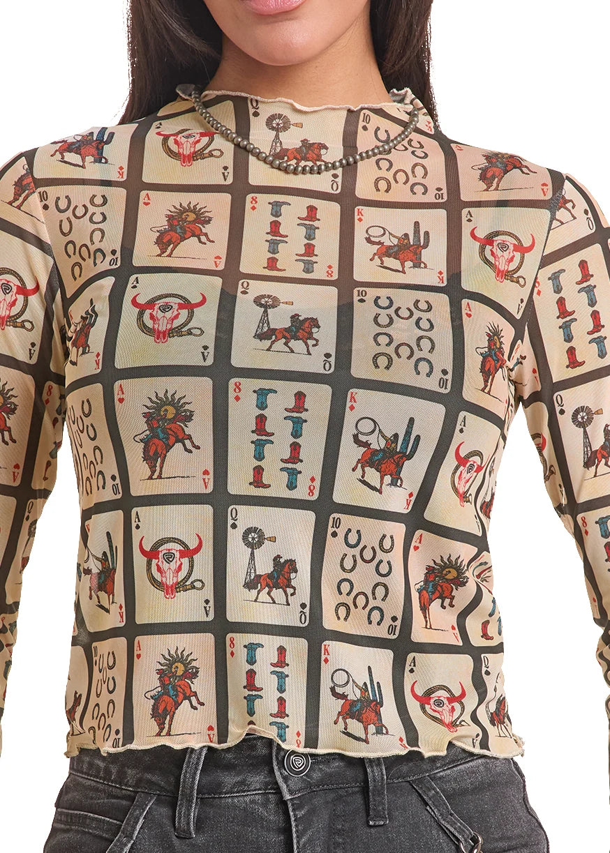 Rock & Roll Cowgirl Women's Playing Cards Long Sleeve Mesh Top BW22T09989