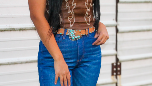 Women’s Light Brown Leather Belt w/ Turquoise Stitching