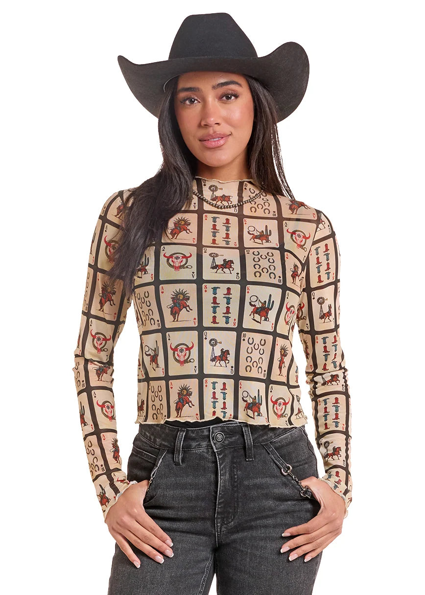 Rock & Roll Cowgirl Women's Playing Cards Long Sleeve Mesh Top BW22T09989