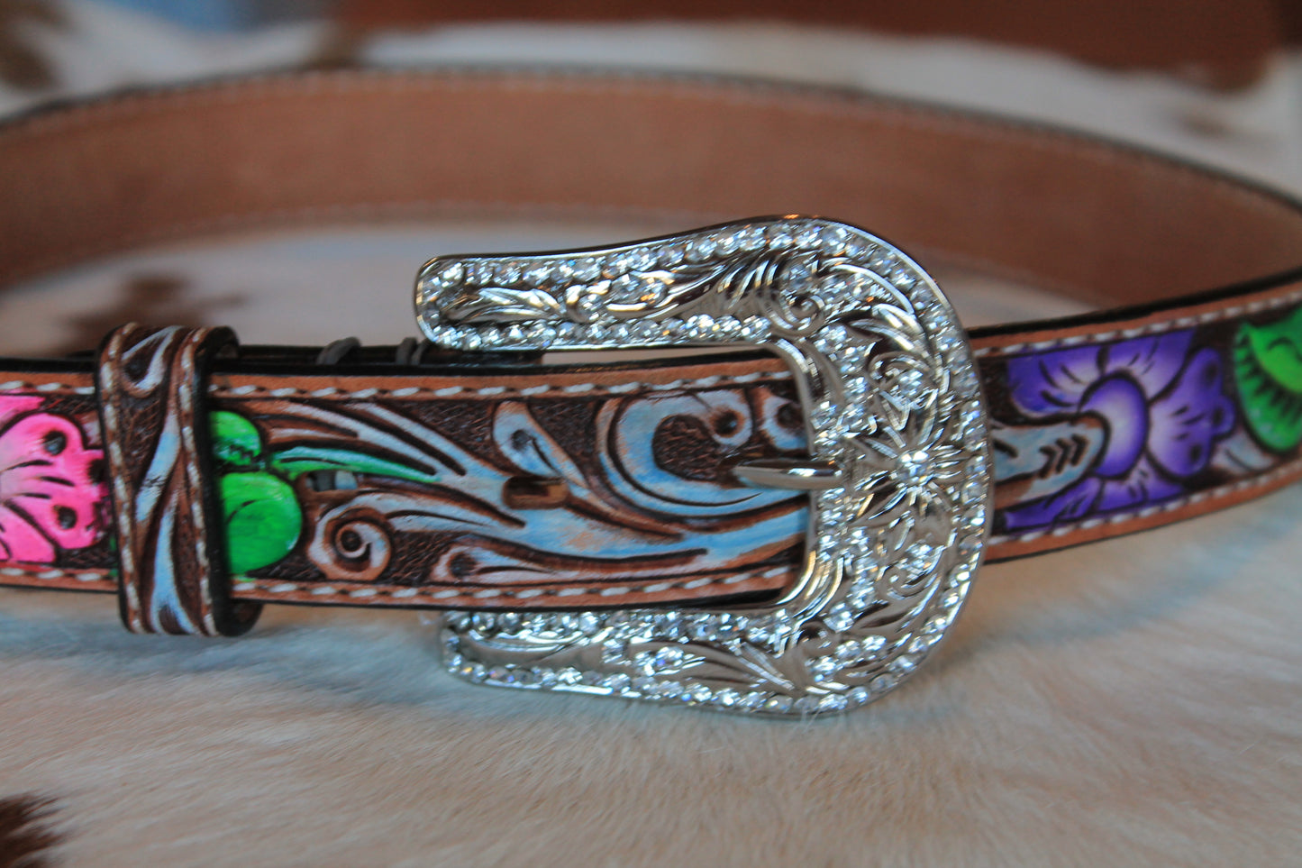 Angel Ranch Kids Belt - Leather Floral Tooled, Hand Painted