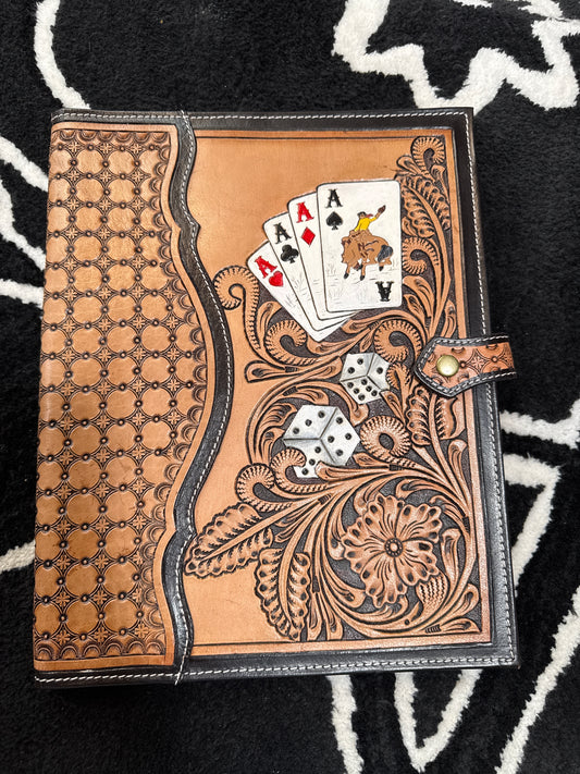Western card and dice Style Tooled embossing  leather cover case
