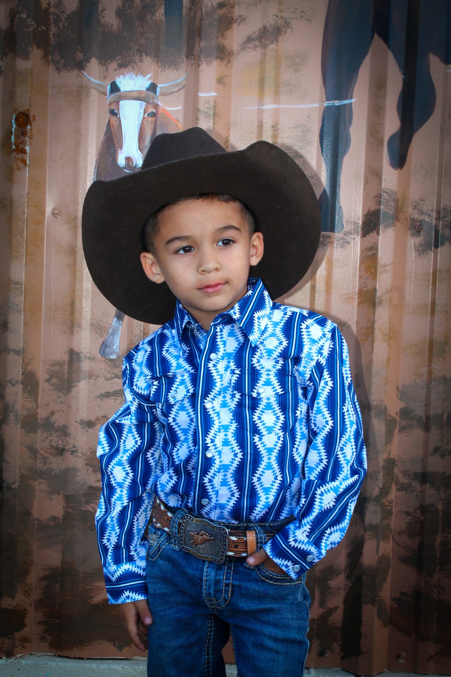 Wrangler Boy's Checotah Aztec Blue Snap Button Down
