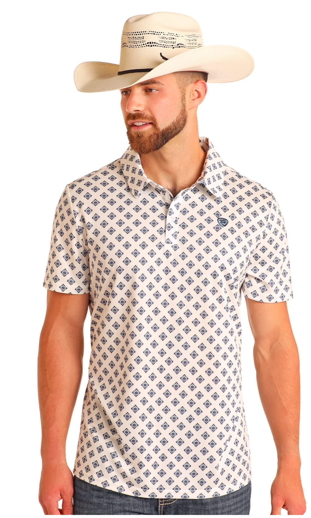 Rock&Roll Denim Aztec Printed Polo- White