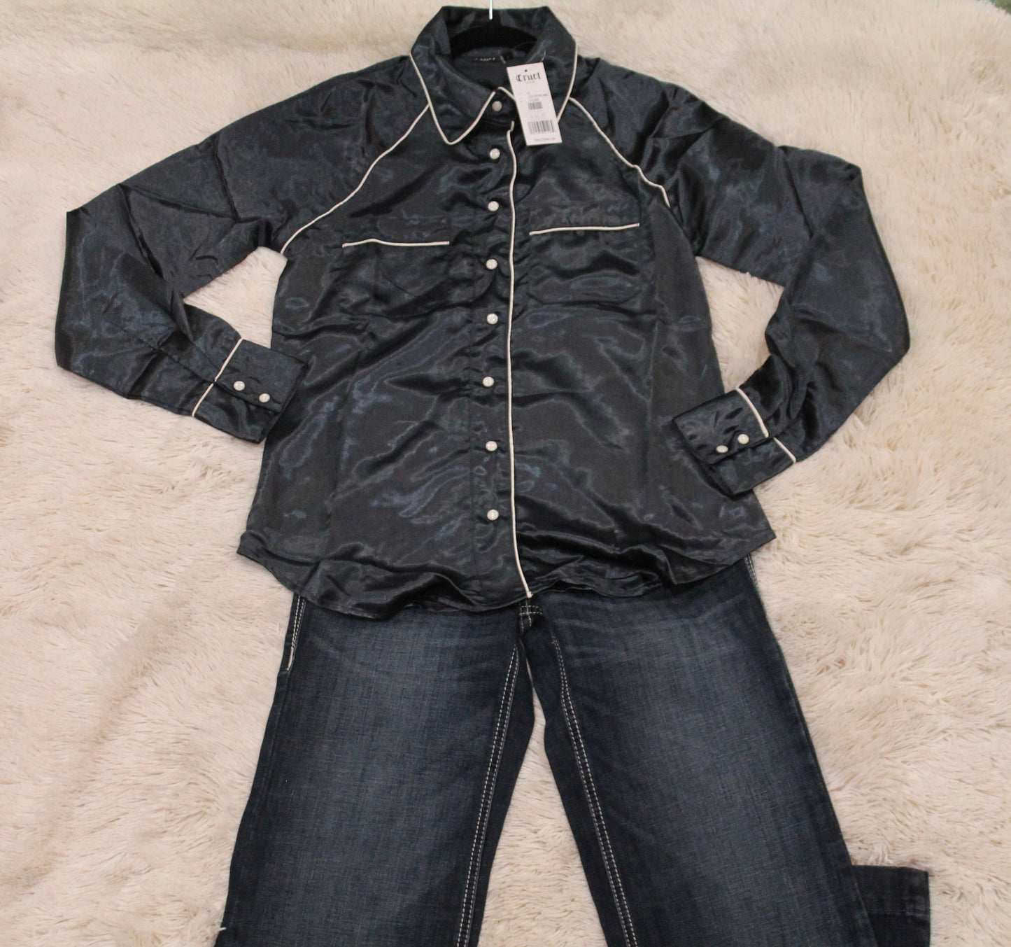 Woman’s Navy Blue satin Long Sleeve