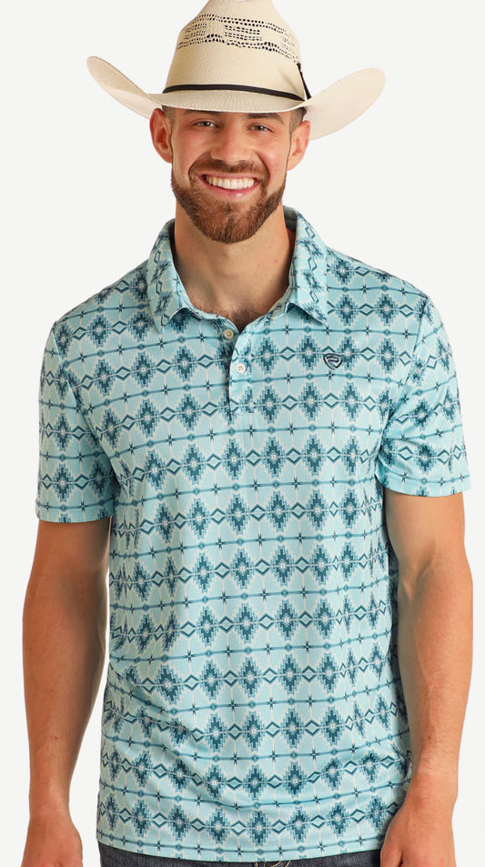 Rock&Roll Denim Aztec Printed Polo- Aqua