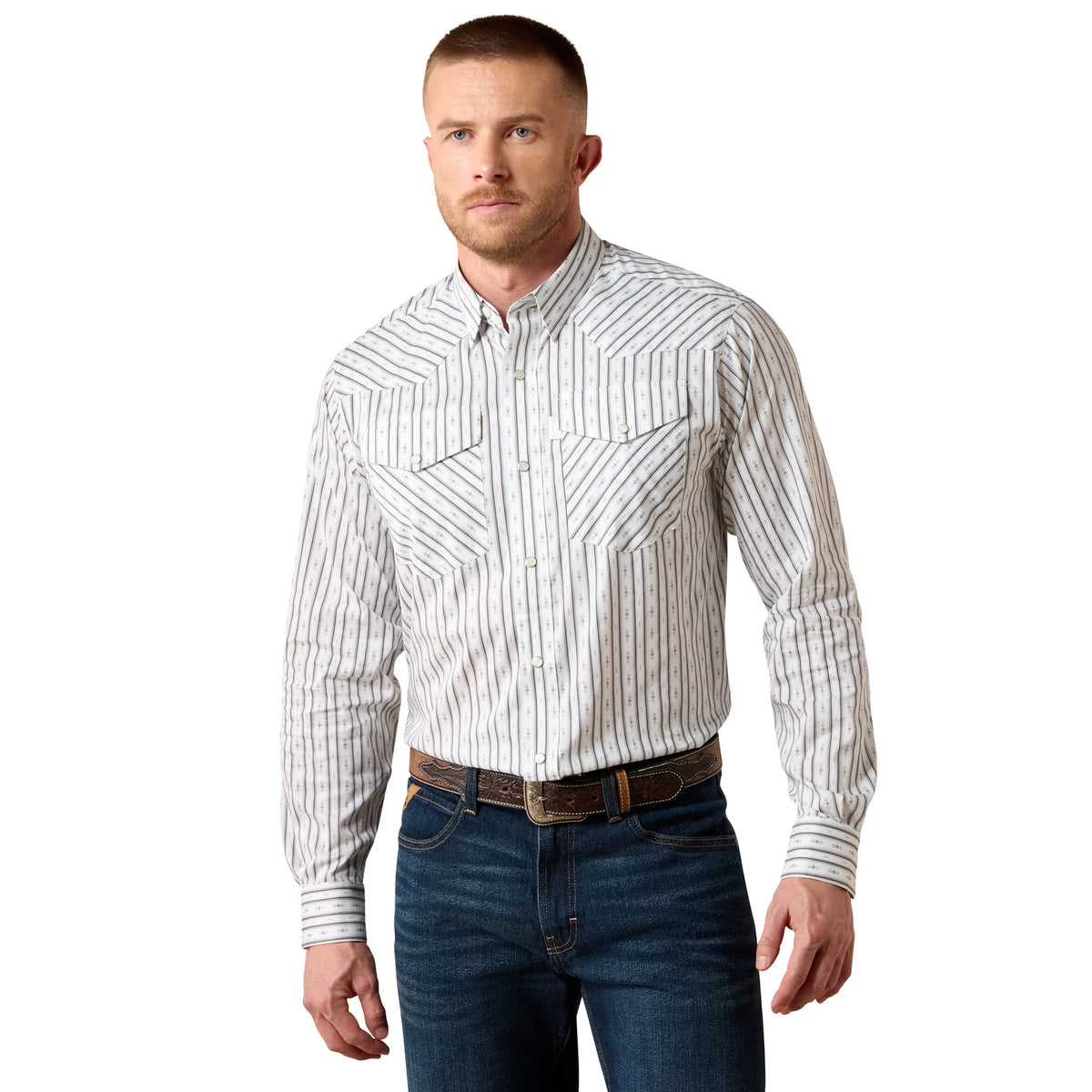 Ariat Men's Everything White Geo Stripe Classic Fit Long-Sleeve Snap Shirt 🤠
