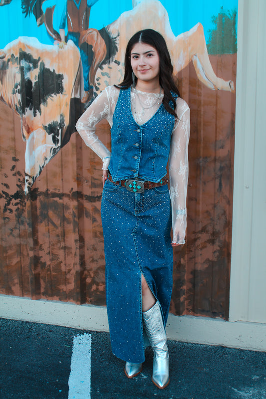 Rock & Roll Denim Studded Maxi Skirt