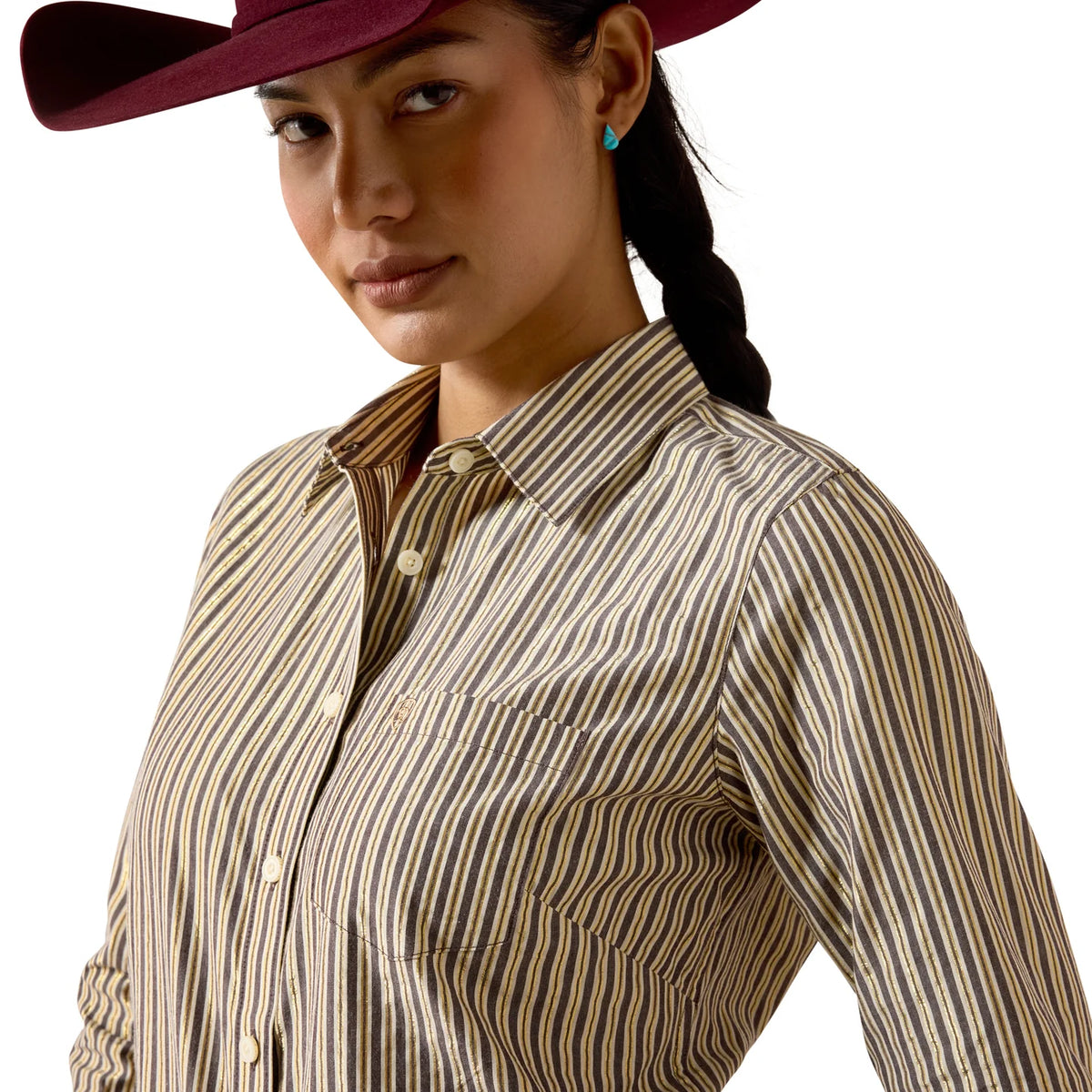 Ariat Ladies Kirby Stretch Chocolate Plum Striped Button Down Long-Sleeve Shirt 🤠