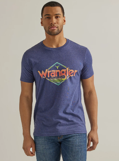 Wrangler Men's Denim Blue & Tangerine Sunrise Logo Graphic Short Sleeve T-Shirt