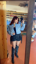 Load image into Gallery viewer, Light Wash Denim Jacket W/ Rhinestone fringe
