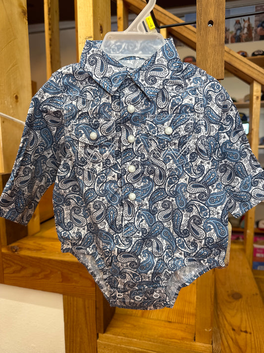 WRANGLER INFANT BOYS’ WHITE & BLUE PAISLEY PEARL SNAP ONESIE