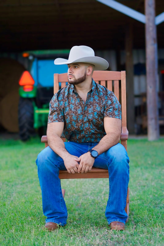 Men's R&R SS Turquoise Paisley Print Button-up