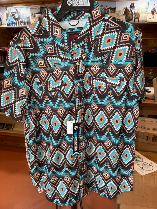 R&R Men’s Ry Aztec SS Tek Pearl-snap