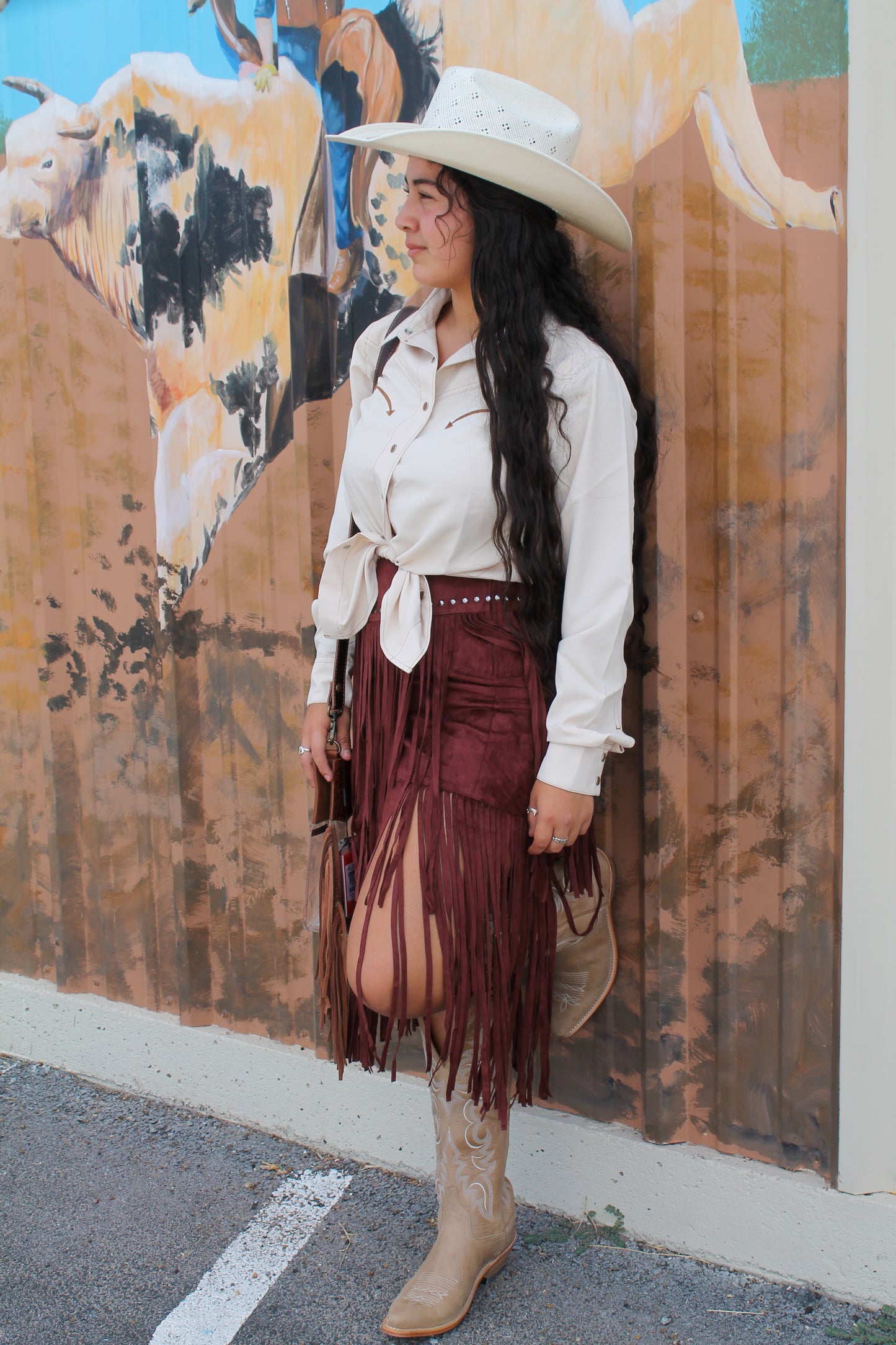 Midi Microsuede Fringe Skirt-Wine
