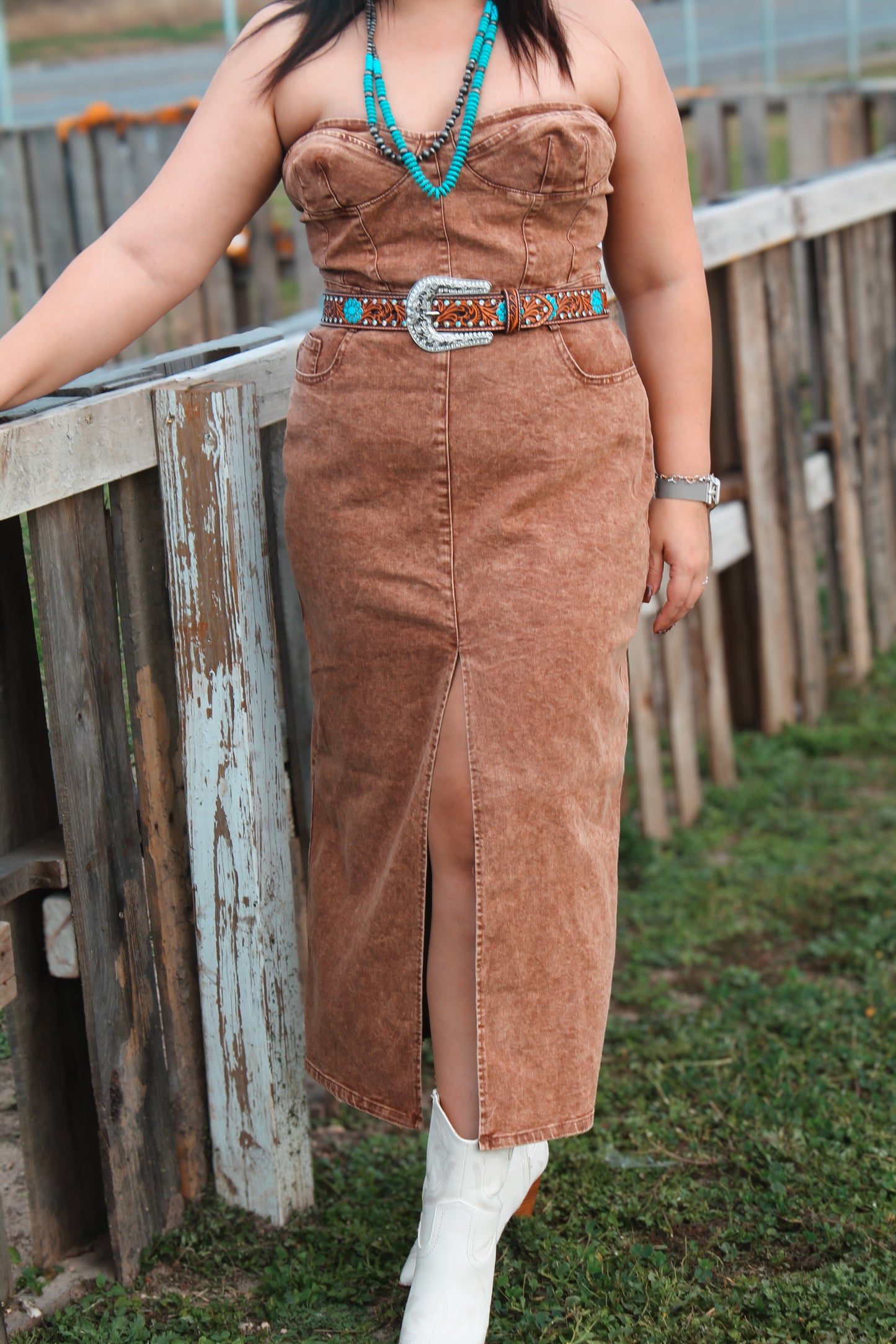 Denim Strapless Maxi Dress- Camel