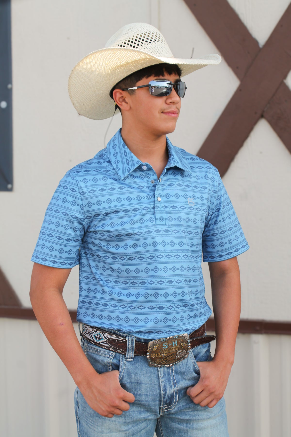 Rock&Roll Men's Blue Aztec SS Polo Snap 🤠