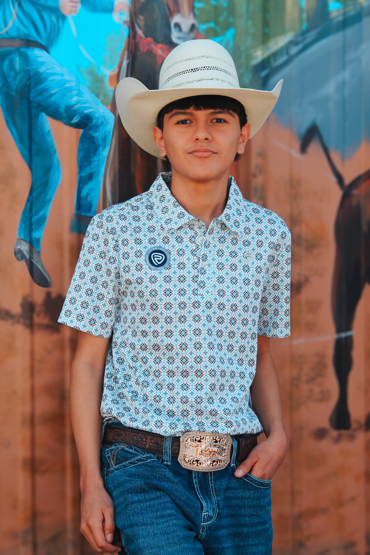 Men’s ROCK & ROLL DENIM MEDALLION PRINT POLO - NATURAL